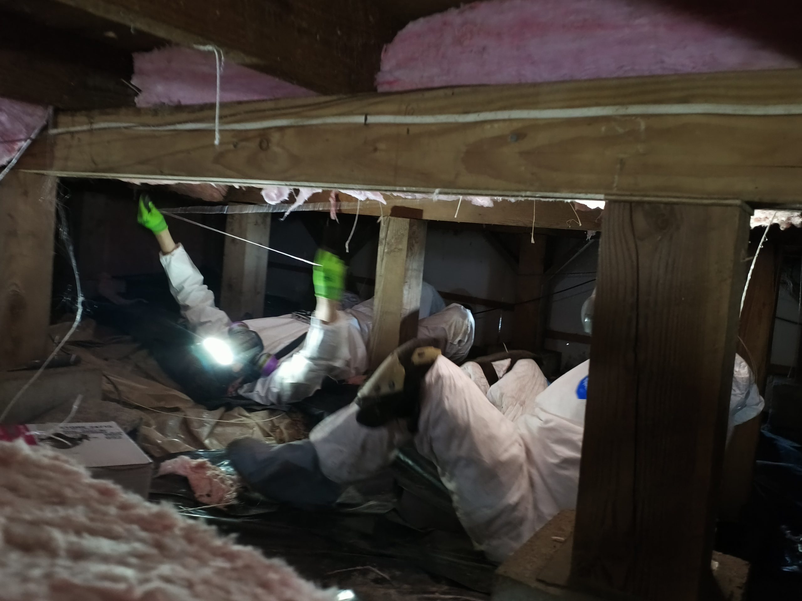 The team installing R-38 Batt insulation in a crawlspace