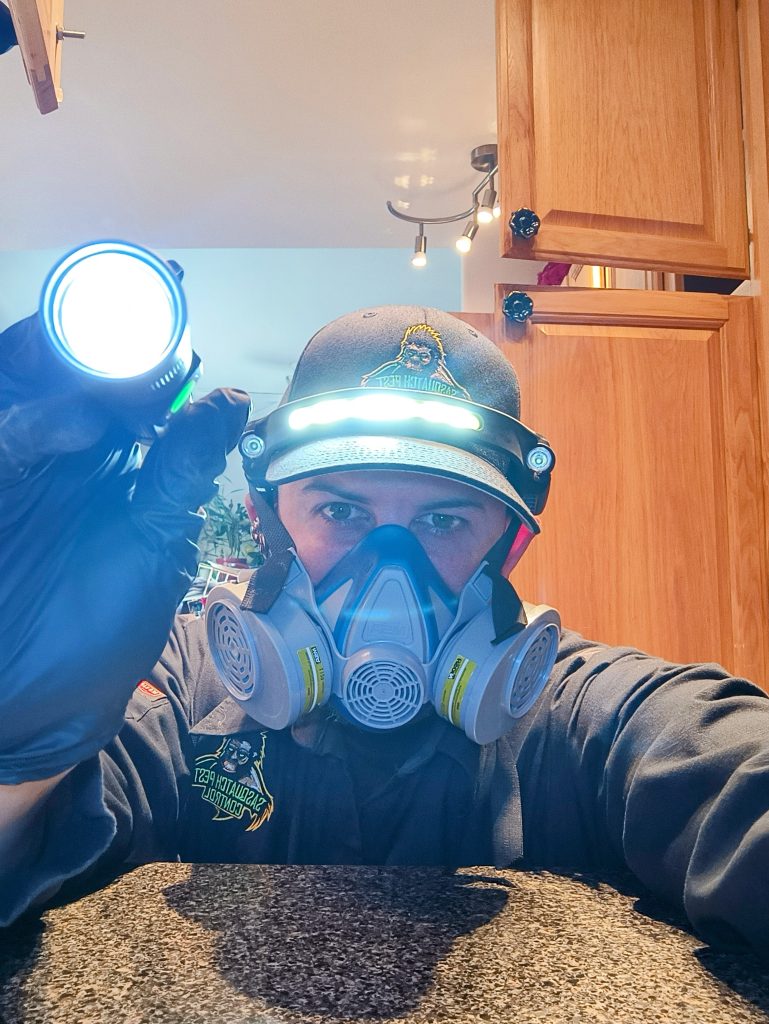 A Sasquatch Pest Control technician wearing a respirator and headlamp for crawlspace work in Whatcom County.
