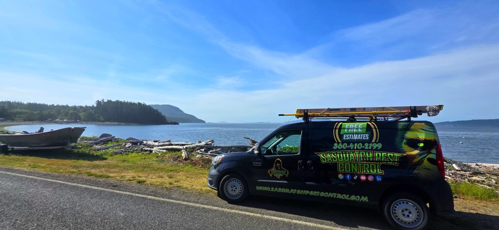 A wrapped Sasquatch Pest Control van parked at a Bellingham-area property in Whatcom County.